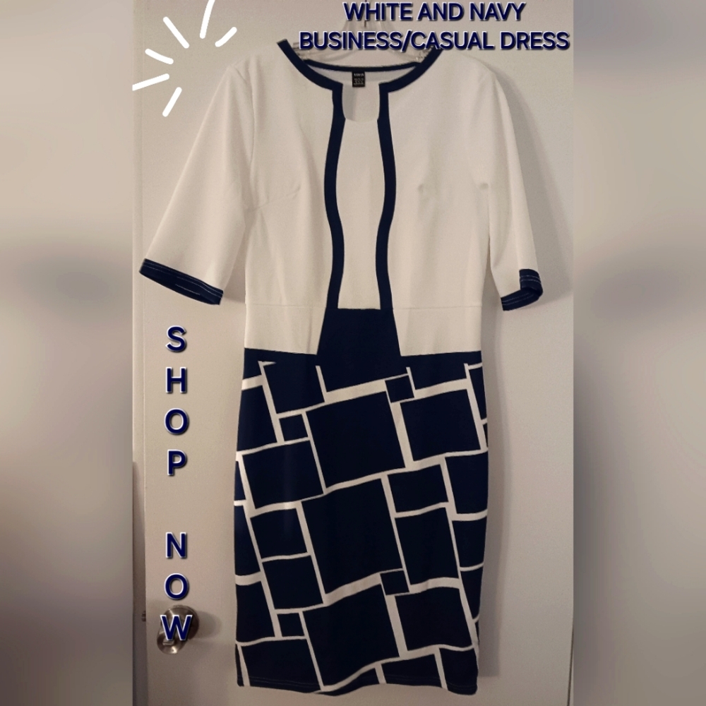 SHEIN White and Navy Midi Dress
